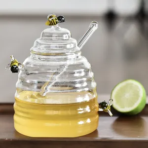 Creative beehive shaped glass honey jar set with glass dipper and cute bee decorations