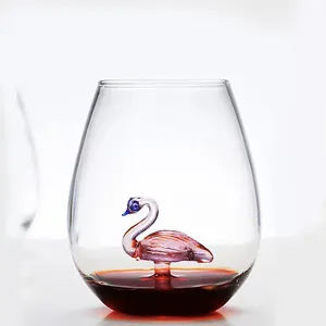Elegant flamingo figurine glass cup with creative 3D animal design inside for home decor