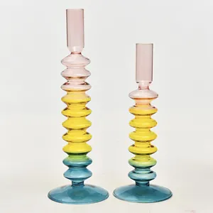 Set of 2 vintage colorful glass candlesticks with ribbed gradient design for home decor