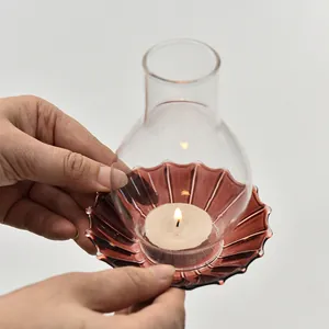 Vintage Zen style glass candle holder with windproof cover and purple fluted glass base
