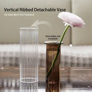 Modern minimalist ribbed glass vase set with removable brown inner tube for floral decor