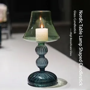 Chandelier en Verre Vintage Nordique Forme de Lampe de Table Grand Porte-bougie en Verre Borosilicaté Coloré Vert Gris Déco
