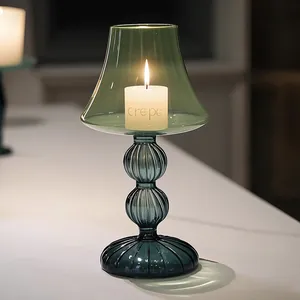 Élégant grand bougeoir en verre vert nordique en forme de lampe de table rétro