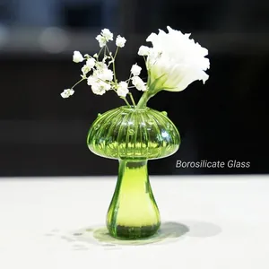 Modern green mushroom-shaped glass flower vase for hydroponic plants and decor