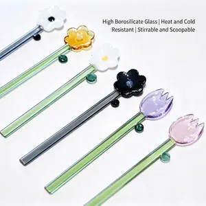 Creative Colored Glass Flower Spoon Cute Sakura Tulip Dessert Spoon Heat Resistant Stirring Stick For Coffee Ice Cream