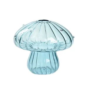 Creative blue mushroom shaped translucent glass vase with vertical ribbing for decor