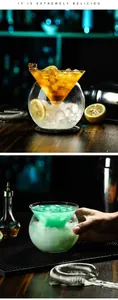 Vista detallada de un juego de copas de martini con base esférica para hielo y enfriamiento.