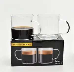 Set of 2 transparent 14oz glass coffee mugs with handles and black gift packaging