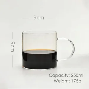 Heat-resistant glass coffee cup detail with 250ml capacity and 9cm dimensions spec