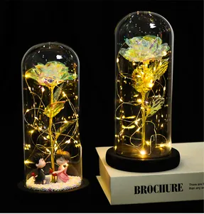 LED iridescent rose in glass dome with couple figurine and warm fairy lights.