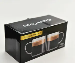 Packaging box for a set of two 14oz heat-resistant glass coffee mugs for latte