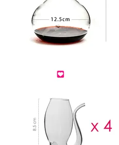 Gedetailleerde afmetingen van de borosilicaatglazen karaf en set van 4 glazen