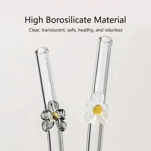 Pajitas de vidrio de borosilicato reutilizables y resistentes al calor con flores