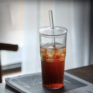Elegant Ins style ribbed glass tumbler with lid and straw for iced coffee and tea drinks