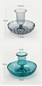 Detailed dimensions of grey and teal glass candle holders for home decoration.