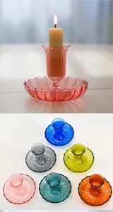 Detailed view of creative colorful glass candle holders in various vibrant shades