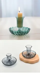Elegant teal and smoky grey glass candle holders with a scalloped saucer base detail