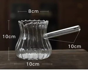 Detailed dimensions of a fluted heat-resistant glass milk pitcher with an eagle beak spout