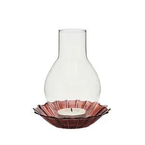 Vintage windproof glass candle holder set featuring a clear shade and amber fluted tray