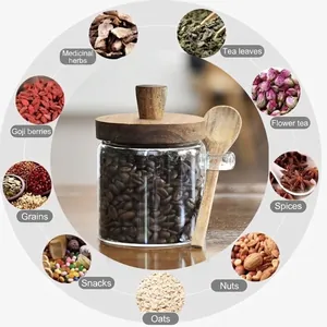Aesthetic glass storage jar with wooden lid and spoon for coffee beans and snacks