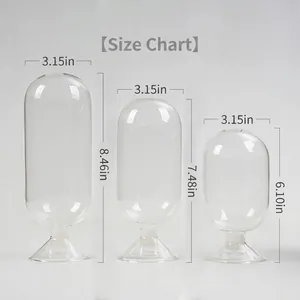Clear glass storage bottles for long matches in three sizes with detailed dimensions