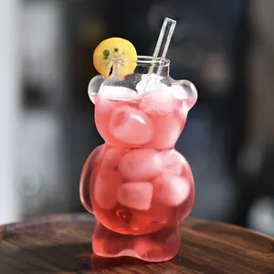 Cute bear-shaped glass cup for creative cocktails and cold drinks at home or bars.