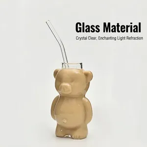 Creative bear-shaped glass cup with matching glass straw for coffee, milk tea and juice