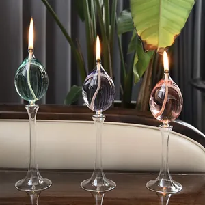 Elegante juego de 3 lámparas de aceite de vidrio con tallo largo para decoración romántica.