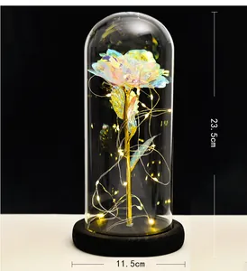 Eternal gold foil rose in glass dome with LED lights, showing 23.5cm height dimension