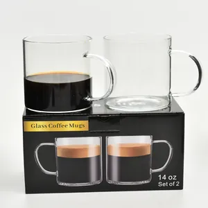 Set of 2 Heat Resistant Borosilicate Glass Coffee Mugs with Handles Clear 14oz Cups for Latte Milk Juice Home Restaurant Gift Box
