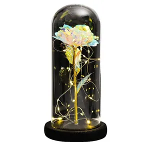 Close-up of holographic gold foil rose in glass dome with warm LED string lights