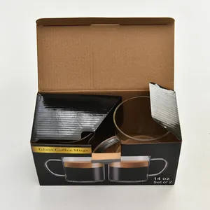 Set of two 14oz heat-resistant glass coffee mugs presented in a black retail box