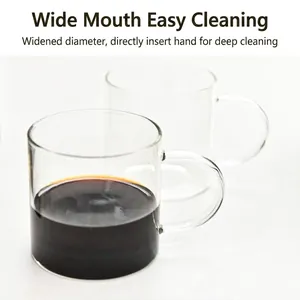 Heat-resistant transparent glass coffee mug with a wide opening for easy cleaning