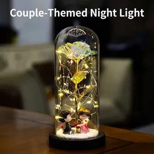Eternal Flower Glass Dome Gold Foil Rose LED Light Couple Figurines Night Lamp Romantic Valentine Christmas Birthday Gift Home Decor