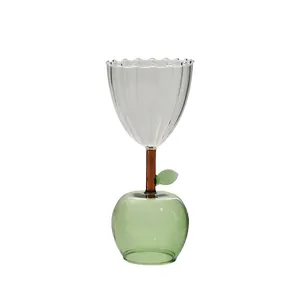 Creative apple shaped glass wine goblet with flower petal design and green leaf stem