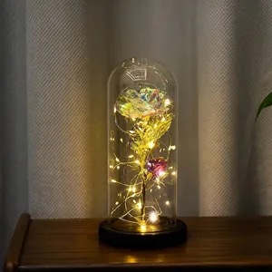 Elegant gold foil rose in glass dome with warm LED fairy lights romantic gift box