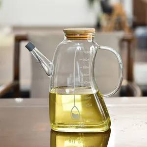 Large capacity glass oil dispenser bottle with bamboo lid and measurement scales