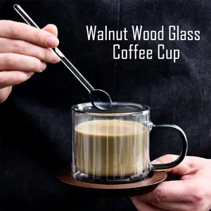Insulated Double Wall Glass Coffee Cup With Walnut Coaster Stirring Spoon Heat Resistant Borosilicate Espresso Mug Gift Box