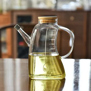 Large 1000ml glass oil dispenser bottle with scale marks and natural wooden lid for kitchen