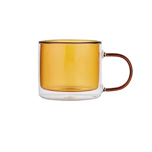 Amber insulated double-walled glass coffee mug with handle for latte and iced americano