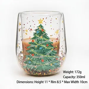 Klares doppelwandiges Weihnachtsbaum-Glas 350ml mit funkelnden Pailletten und Stern