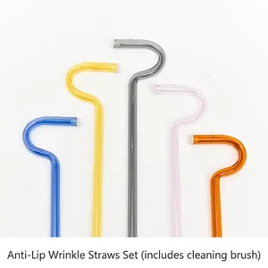 Anti Lip Wrinkle Glass Straw Set Flute Design Horizontal Glass Drinking Straw Prevent Mouth Lines Reusable Personal Care Home