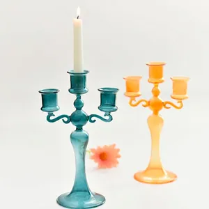 French Retro Glass Candelabra 3-Arm Romantic Candle Holder for Wedding Dinner Table Centerpiece Home Decor Accents
