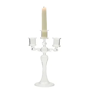 Elegant three-arm clear glass candelabra candle holder for home wedding decor