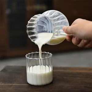 Premium heat-resistant ribbed glass milk pitcher and cup set with a functional eagle spout