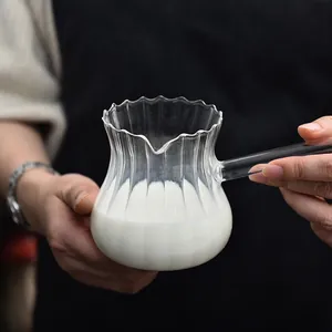 Creative ribbed glass milk pitcher with eagle beak spout and long handle for coffee latte art
