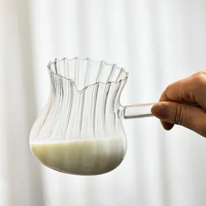 Handheld striped heat-resistant glass milk pitcher with eagle beak spout for coffee