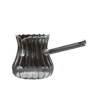 Elegant ribbed heat-resistant glass milk pitcher with long handle for coffee