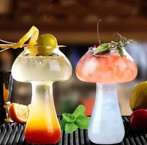 Macro detail of creative mushroom-shaped glasses filled with vibrant cocktails
