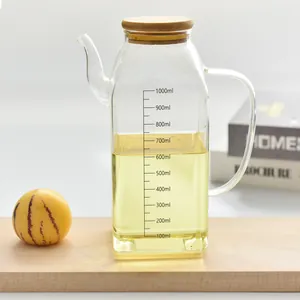 Large capacity leak-proof glass oil dispenser with bamboo lid and 1000ml scale